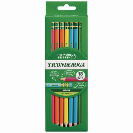 Ticonderoga Pre-Sharpened Pencil, 2.2 mm, HB No 2, Black Lead, Neon Assorted Barrel Colors, 18PK X13018